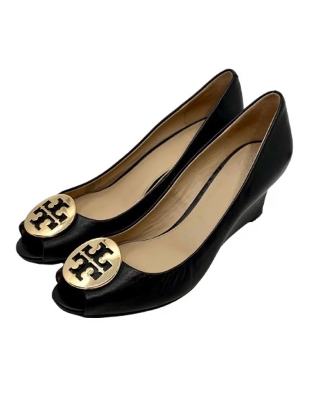 TORY BURCH~Sally~PEEP TOE PUMP~BLACK CALFSKIN LEATHER~9.5 NEAR NEW